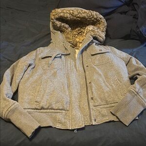 Vintage American Eagle Outfitters Gray Hooded Sherpa Bomber Jacket